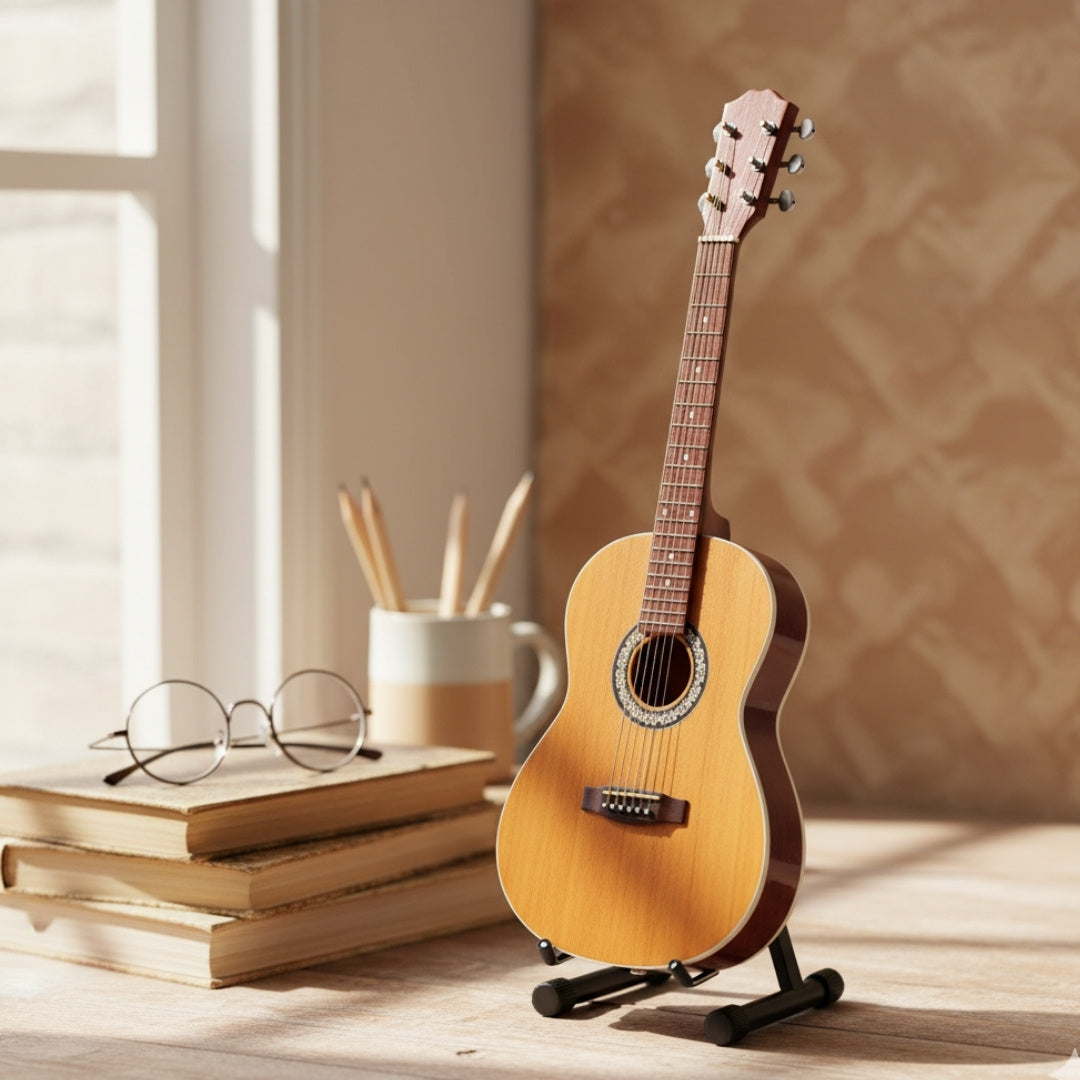 Mini Guitarra Clássica com Gravação - Decoração de Madeira de Mogno 25 cm