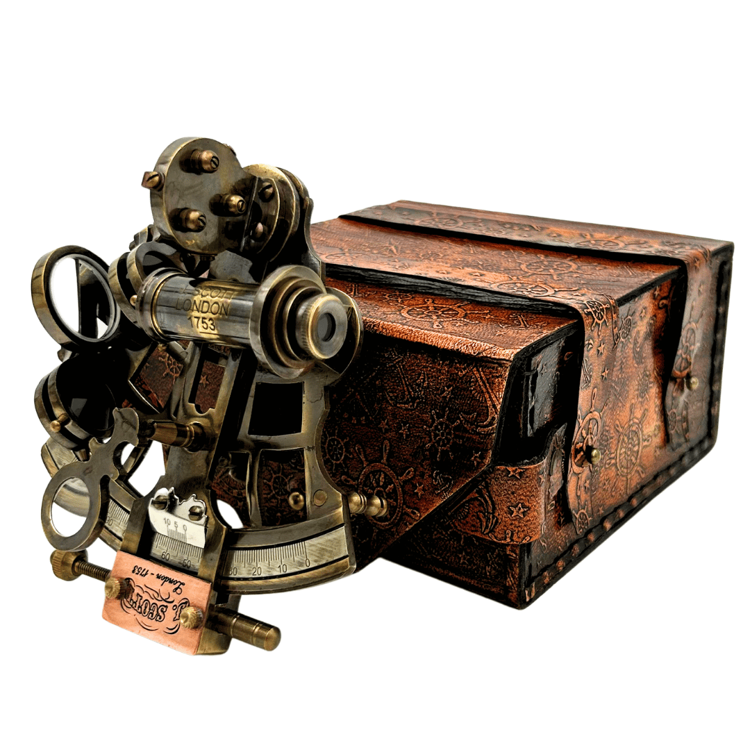 Sextante retro de latão em estojo de couro - instrumento de navegação elegante com possibilidade de gravação - presente ideal para amantes de vela e história - dimensões 13x12x7 cm