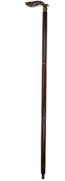 Bengala dobrável elegante em madeira com cabo ricamente decorado em castanho e dourado com possibilidade de personalização por gravação