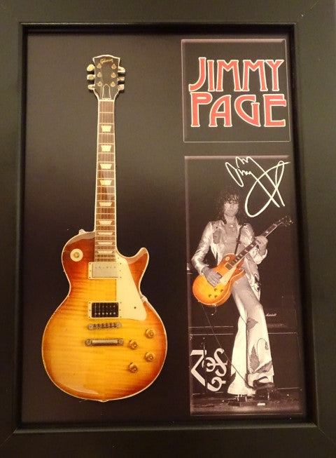 Mini guitarra estilo Jimmy Page com moldura FMG-012, possibilidade de personalização com gravação, ideal para presente, moldura de madeira 1,3cm x 16cm x 21,4cm, mini guitarra de aço para colocar ou pendurar na parede