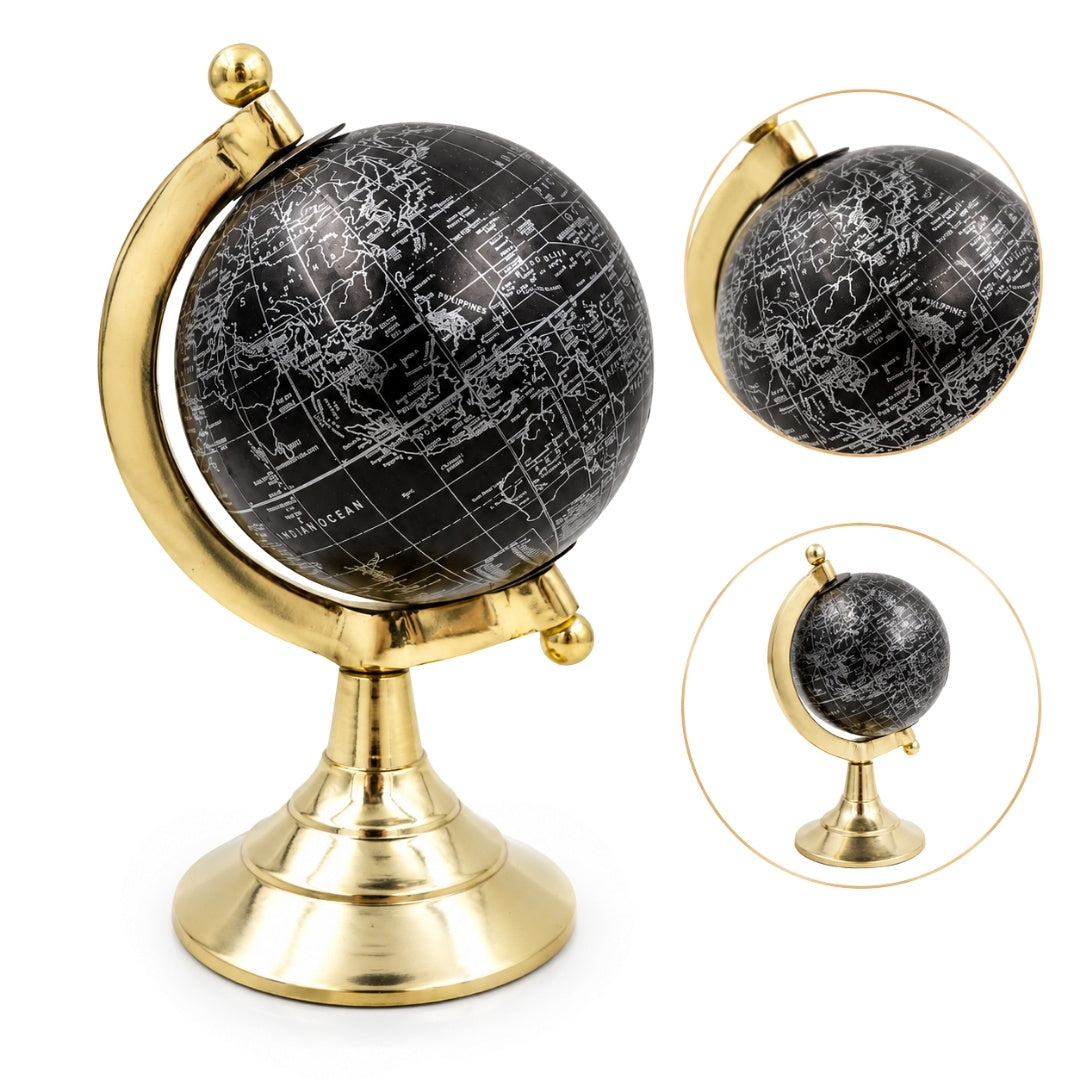 Globo decorativo Black & Gold com possibilidade de gravação personalizada – acessório elegante para presente, altura 20 cm, base de latão, mapa preto com inscrições prateadas