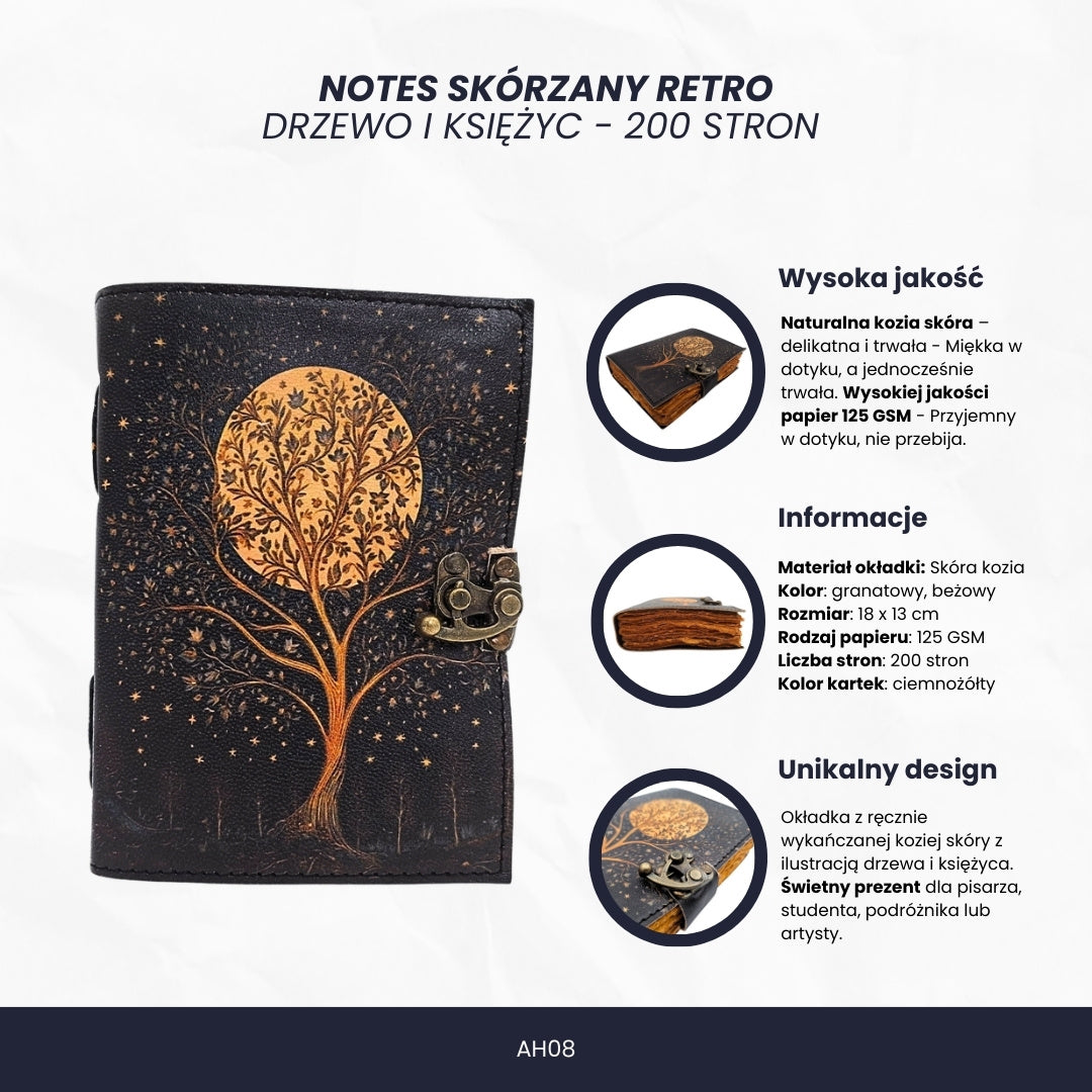 Caderno de pele vintage retro Árvore e Lua 200 páginas com possibilidade de personalização por gravação