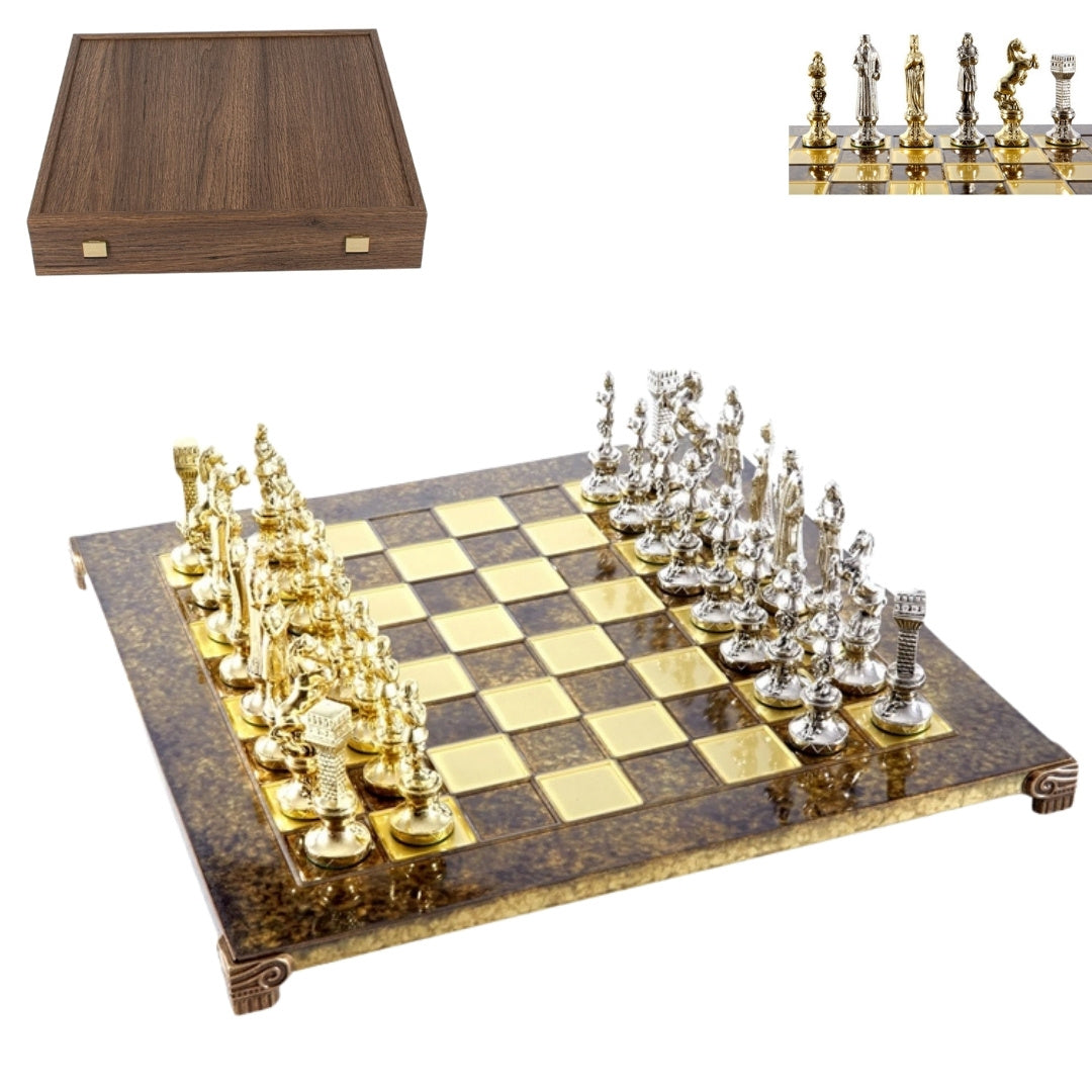 Xadrez metálico exclusivo Renascimento S9BRGS 36x36 cm dourado-prateado com possibilidade de personalização por gravação