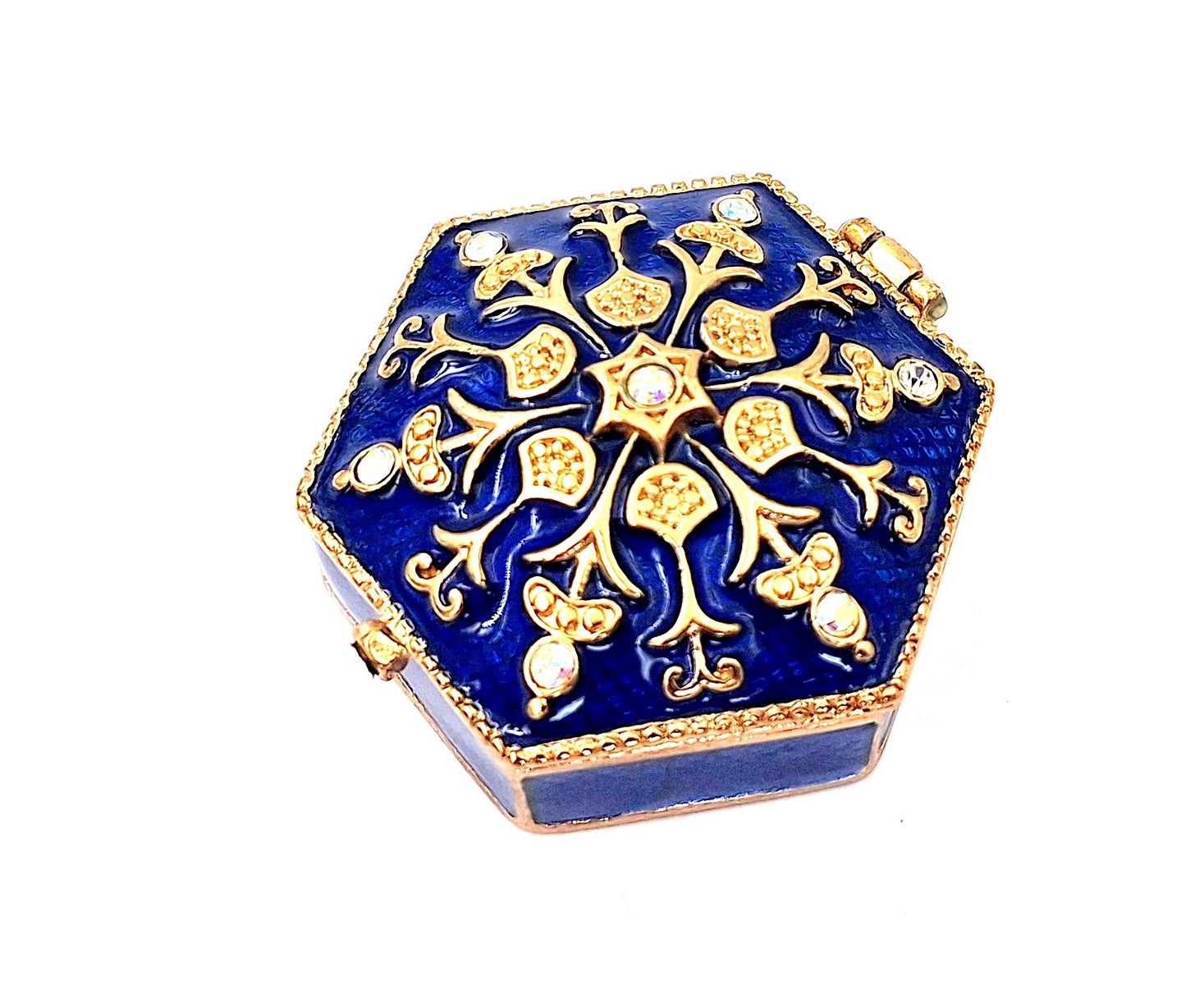 Caixa de presente elegante em metal com cristais B0035-08BL em tons azul-marinho e dourado com possibilidade de personalização por gravação