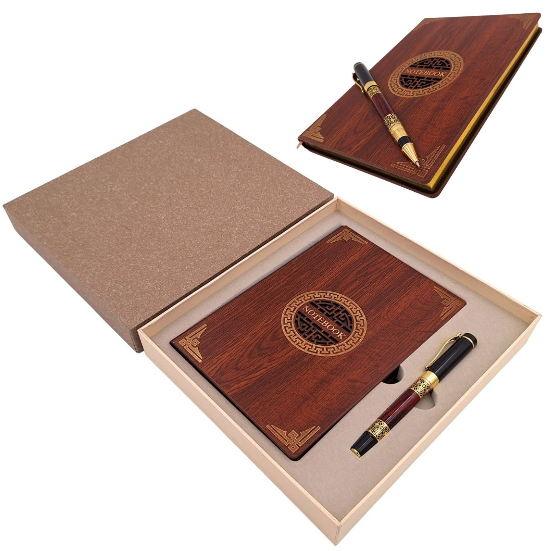 Conjunto de Presente Premium Exclusivo Caderno A5 com Capa de Madeira e Caneta – Personalização por Gravação, Ideal para Presente para Chefe, Professor, Artista – Castanho Escuro com Elementos Dourados