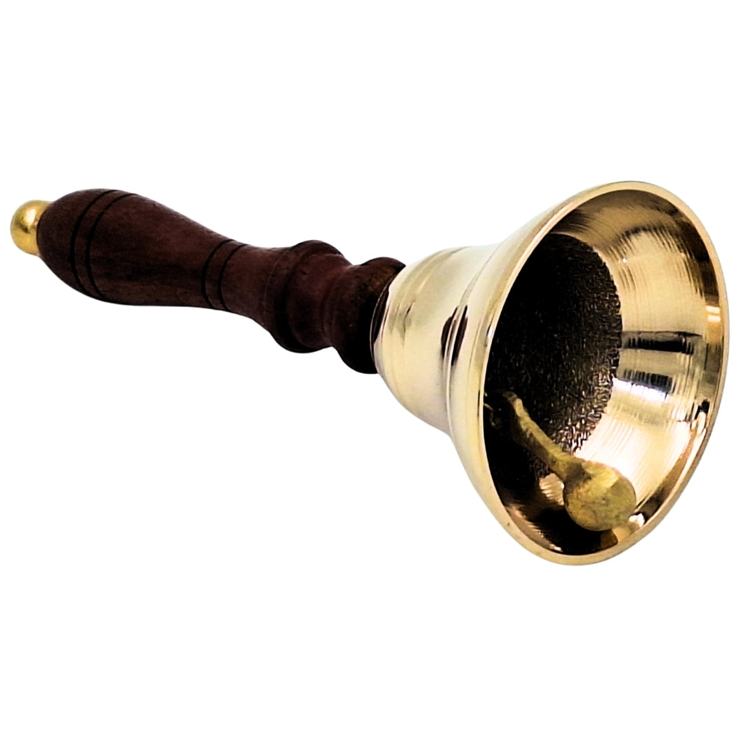 Campainha manual de latão com pega de madeira em estilo retro – gravação personalizada, ideal para presente – altura 16 cm, diâmetro 7,5 cm, dourado e castanho