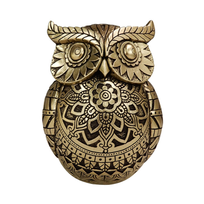 Coruja da sabedoria com possibilidade de personalização por gravação, decoração em dourado e preto, altura 13,6 cm, presente ideal para qualquer ocasião