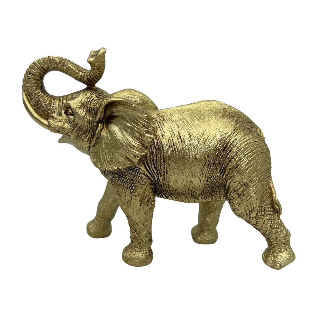 Elefante Dourado com Tromba Erguida - Estatueta decorativa elegante com possibilidade de gravação personalizada, ideal para presente - Altura 20,5 cm, material poliéster