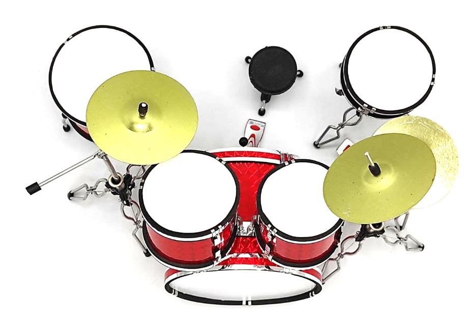 Mini bateria vermelha MDR-0121 com possibilidade de personalização por gravação, ideal para presente, altura 15 cm, feita em metal e plástico, escala 1:5