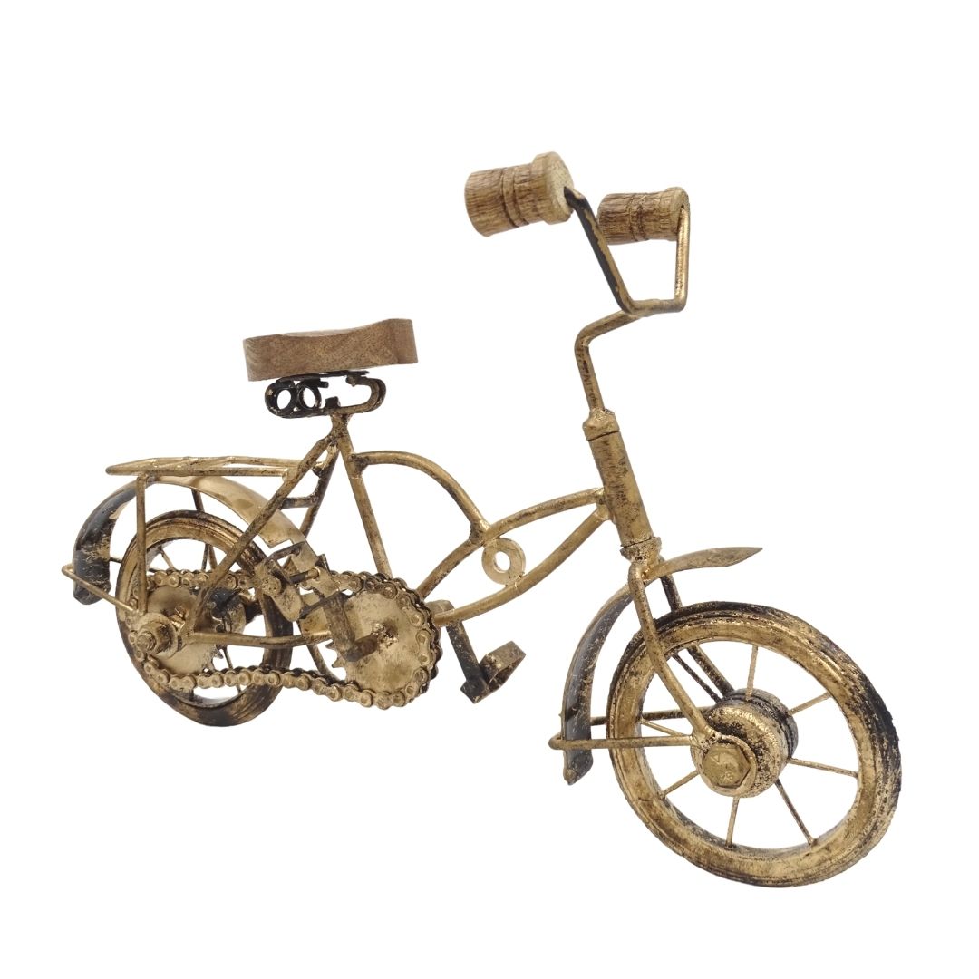 Figura de Bicicleta Antiga com Gravação - Decoração em Metal e Madeira com Dimensões 30 x 20 x 10 cm