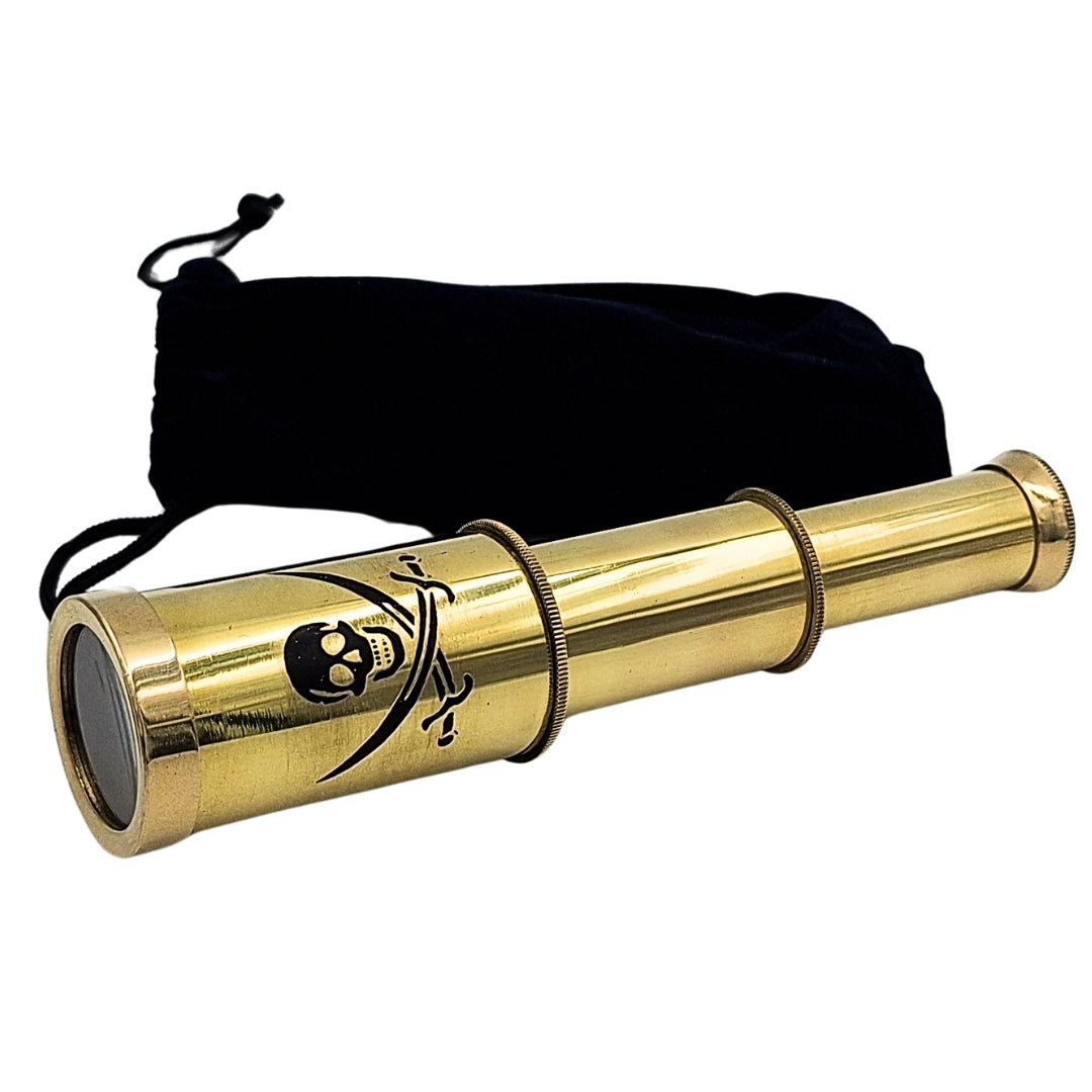 Luneta de Pirata com Emblema – Luneta Dobrável em Latão com Gravação – Presente Ideal para Jovem Explorador dos Mares – Altura 15 cm, Conjunto com Saquinho de Veludo