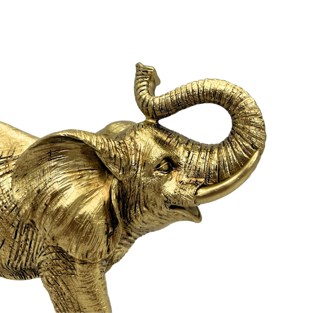 Elefante Dourado com Tromba Erguida - Estatueta decorativa elegante com possibilidade de gravação personalizada, ideal para presente - Altura 20,5 cm, material poliéster