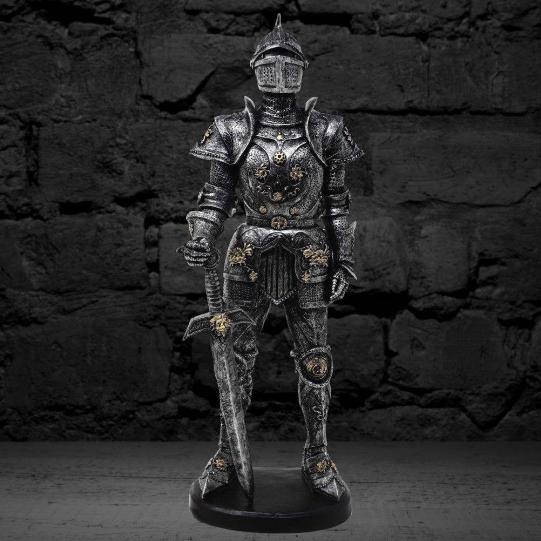 Figura Decorativa Cavaleiro em Armadura 39 cm Prateada com Possibilidade de Gravação Personalizada