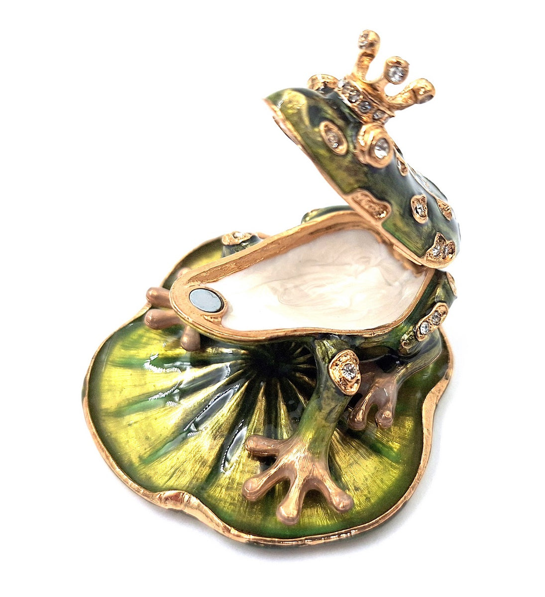 Caixa de presente exclusiva em metal em forma de rã com cristais, verde escuro e dourado, possibilidade de personalização por gravação, ideal para presente, dimensões 6,5x6,7x4,5 cm