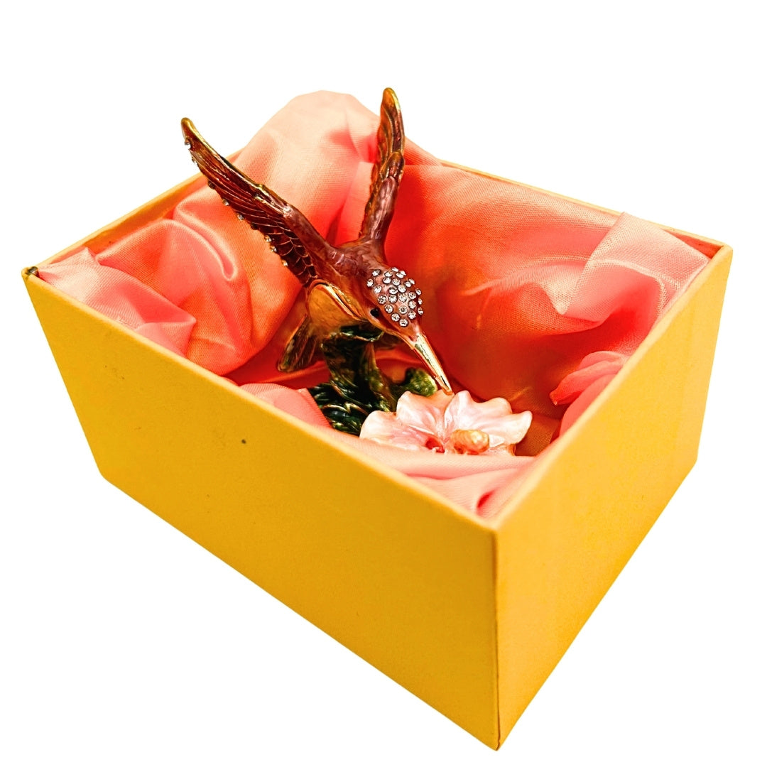 Caixa Exclusiva para Joias Beija-flor com Cristais, Gravação Personalizada, Metal, 8x5,5x7 cm