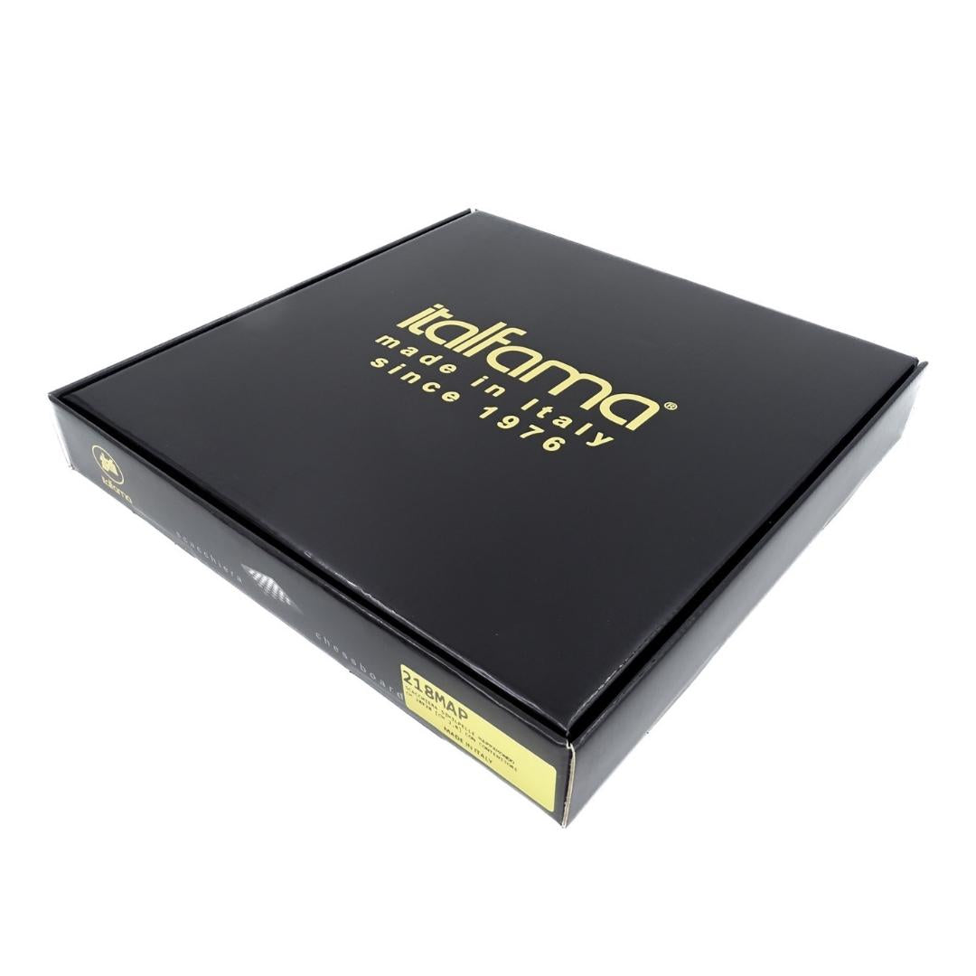 Xadrez metálico exclusivo Italfama 28x28 cm com possibilidade de gravação personalizada, tabuleiro castanho-preto, peças dourado-prateadas