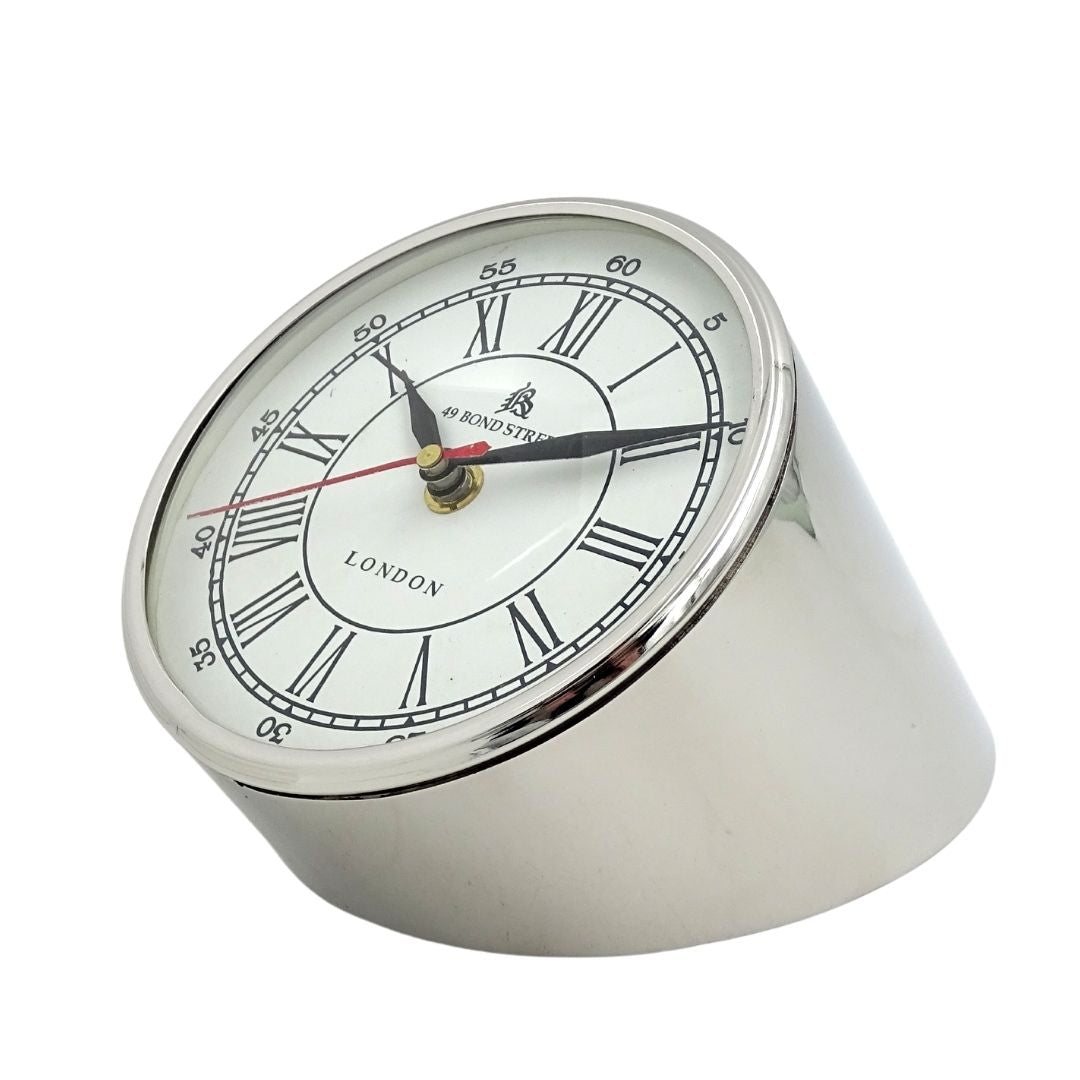 Relógio de Mesa Metálico CLK-0212 com Gravação - Presente Personalizado nas Cores Prateado, Branco ou Preto, Altura 19 cm, Estilo Moderno com Algarismos Romanos e Árabes