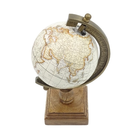 Globo Decorativo Estiloso Amundsen em Base de Madeira com Gravação - Decoração Elegante para Interiores Clássicos, Loft e Colonial, Ideal para Presente - Altura 26,5 cm, Cor Branco e Castanho, Toque Educativo em Inglês