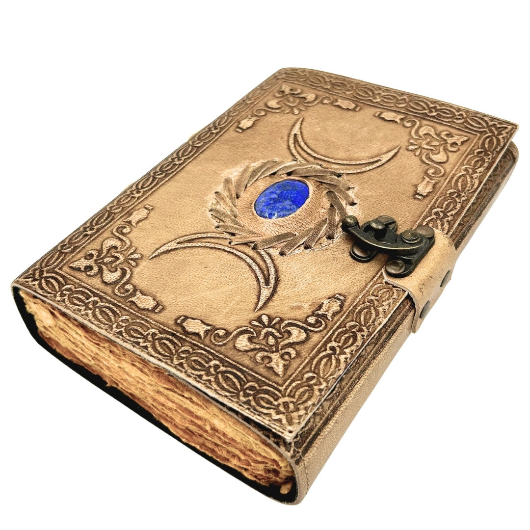 Caderno de Couro Retro com Pedra e Fases da Lua
