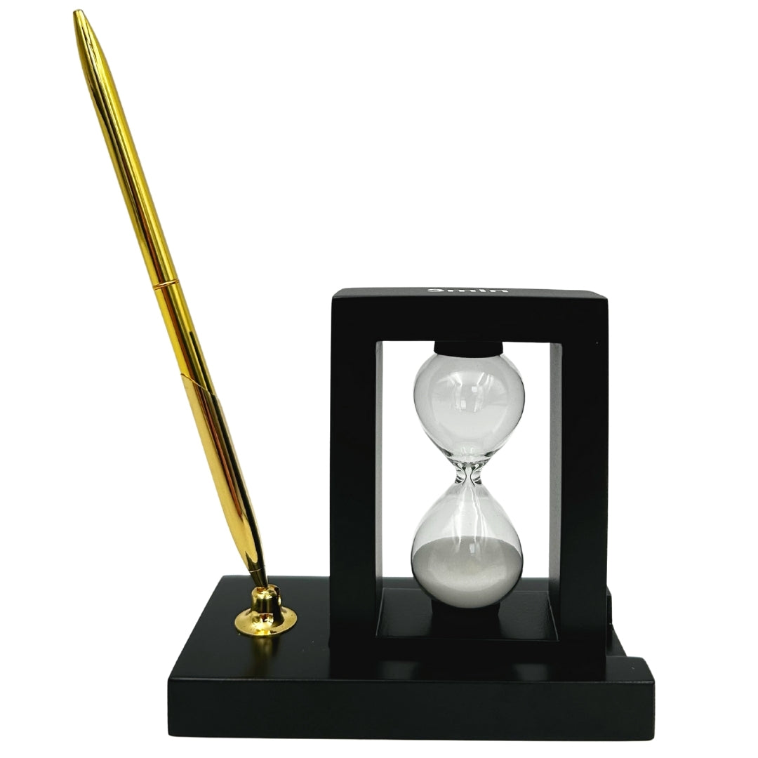 Conjunto Decorativo para Secretária com Ampulheta de 3 minutos e Suporte para Caneta com Gravação