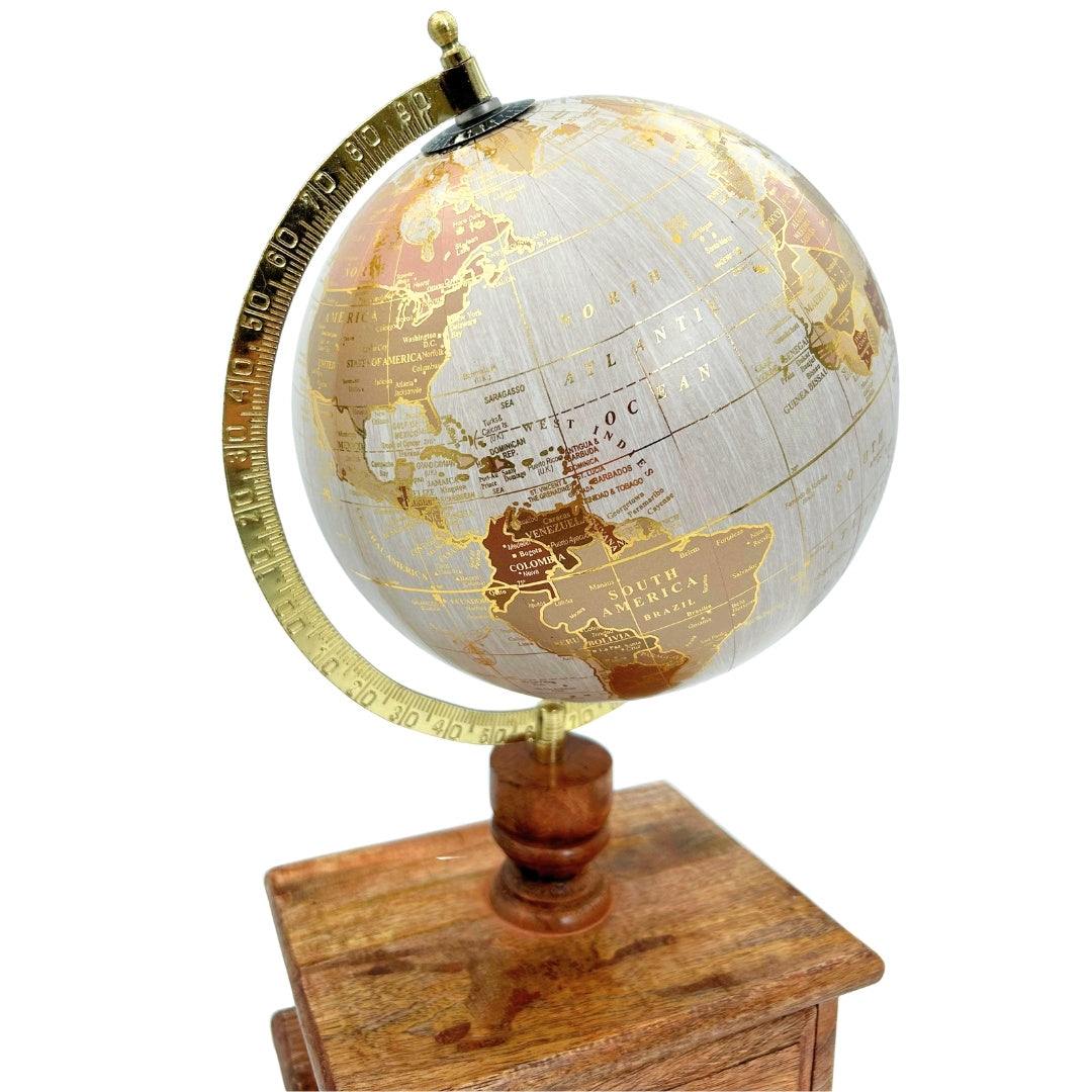 Globo de secretária vintage elegante com base de madeira e gaveta