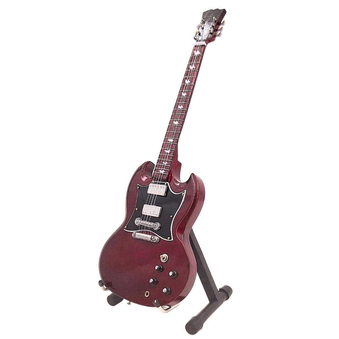 Mini guitarra AC/DC Angus Young MGT-0567 com possibilidade de gravação personalizada, ideal para presente, feita à mão em madeira de mogno, castanha, altura 27,5 cm