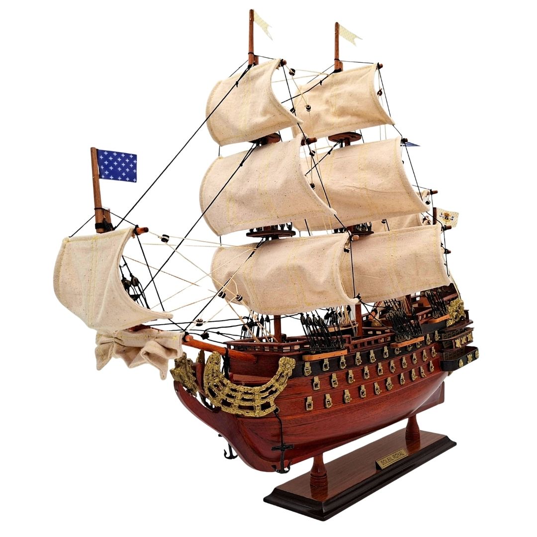Modelo do veleiro Soleil Royal montado 46 cm - Feito à mão em madeira exótica com possibilidade de personalização por gravação