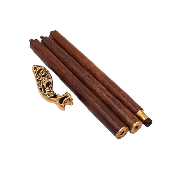 Bengala dobrável elegante em madeira com cabo ricamente decorado em castanho e dourado com possibilidade de personalização por gravação