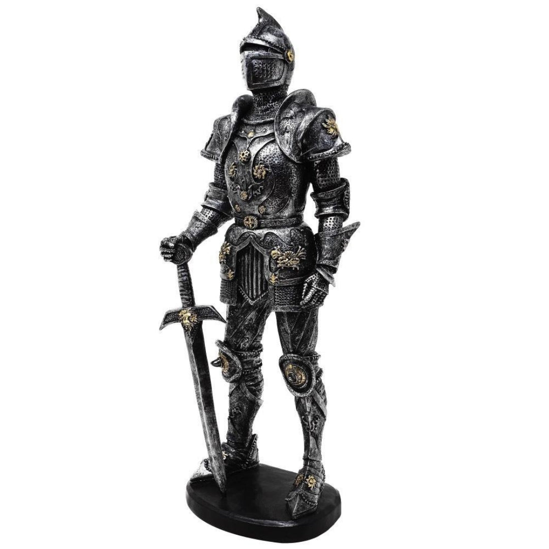 Figura Decorativa Cavaleiro em Armadura 39 cm Prateada com Possibilidade de Gravação Personalizada