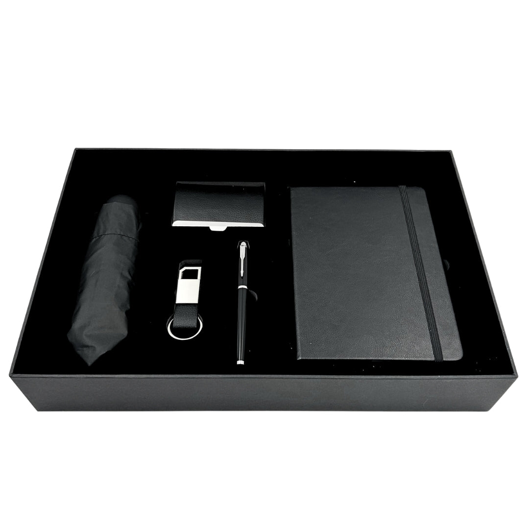 Conjunto Elegante Classico para Presente com Personalização - Caderno de Pele A5, Guarda-Chuva, Caneta, Porta-Cartões e Porta-Chaves em Caixa de Presente Estética