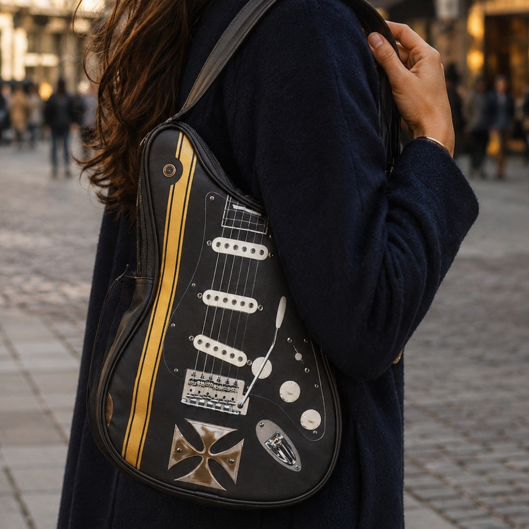 Mala de ombro em forma de guitarra com cruz de Malta - Presente personalizado para guitarrista