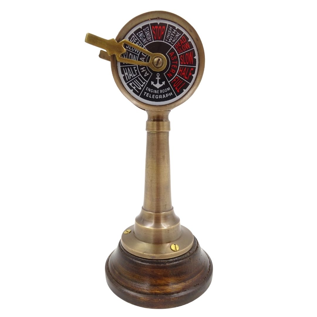 Telégrafo de Máquina TG4 Naval com Gravação - Presente Personalizado em Latão e Madeira, Altura 16,5 cm, Cores Dourado e Castanho