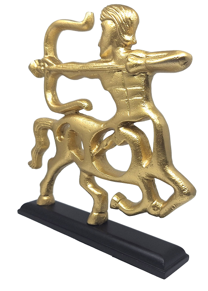 Estatueta decorativa dourada de Sagitário com base de madeira e opção de personalização por gravação