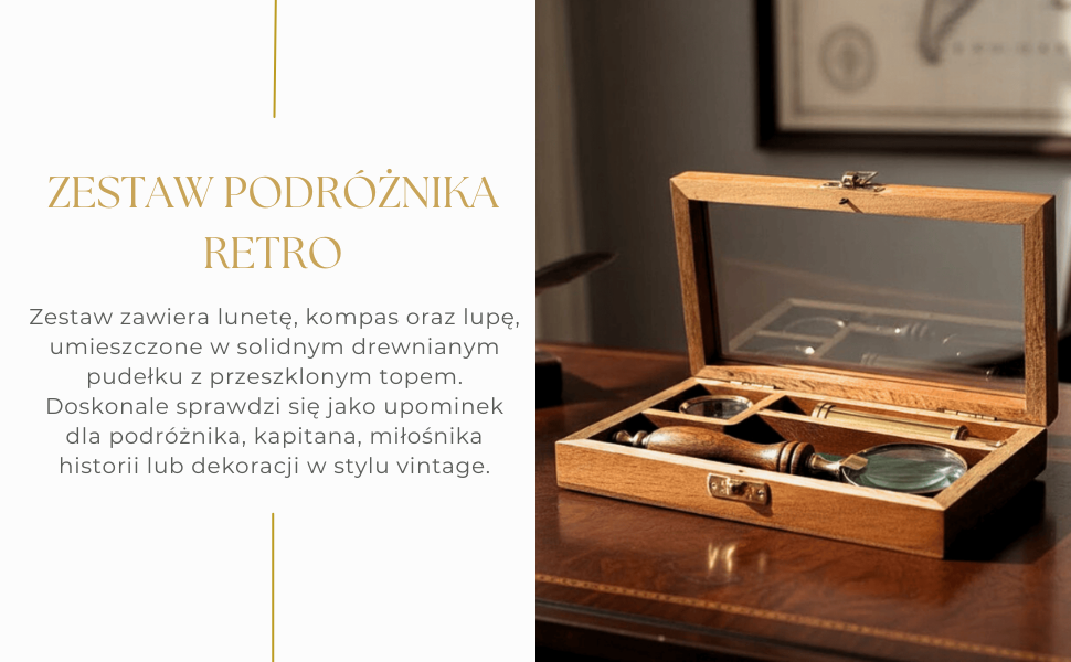 Conjunto de Viajante com Luneta, Bússola e Lupa em Estojo de Madeira com Possibilidade de Gravação Personalizada