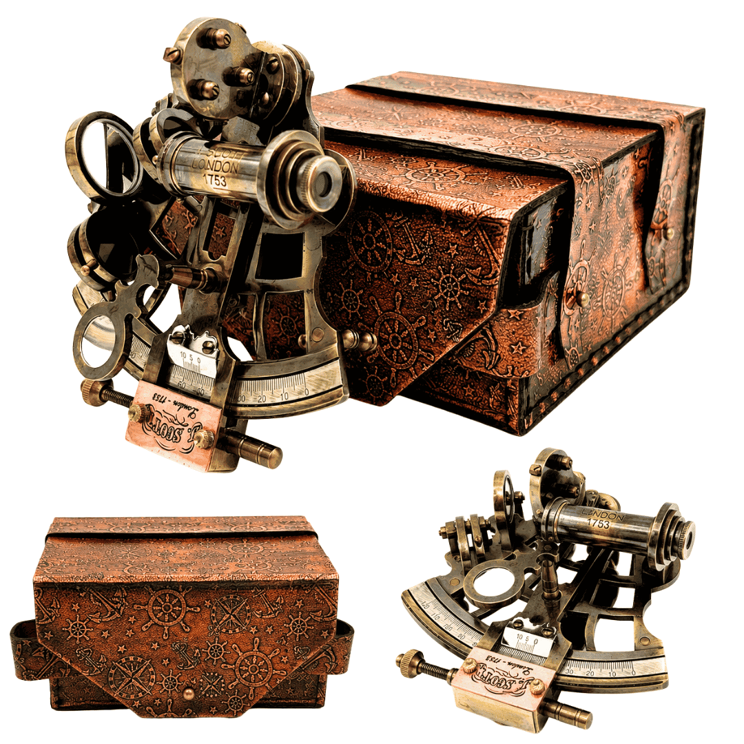 Sextante retro de latão em estojo de couro - instrumento de navegação elegante com possibilidade de gravação - presente ideal para amantes de vela e história - dimensões 13x12x7 cm