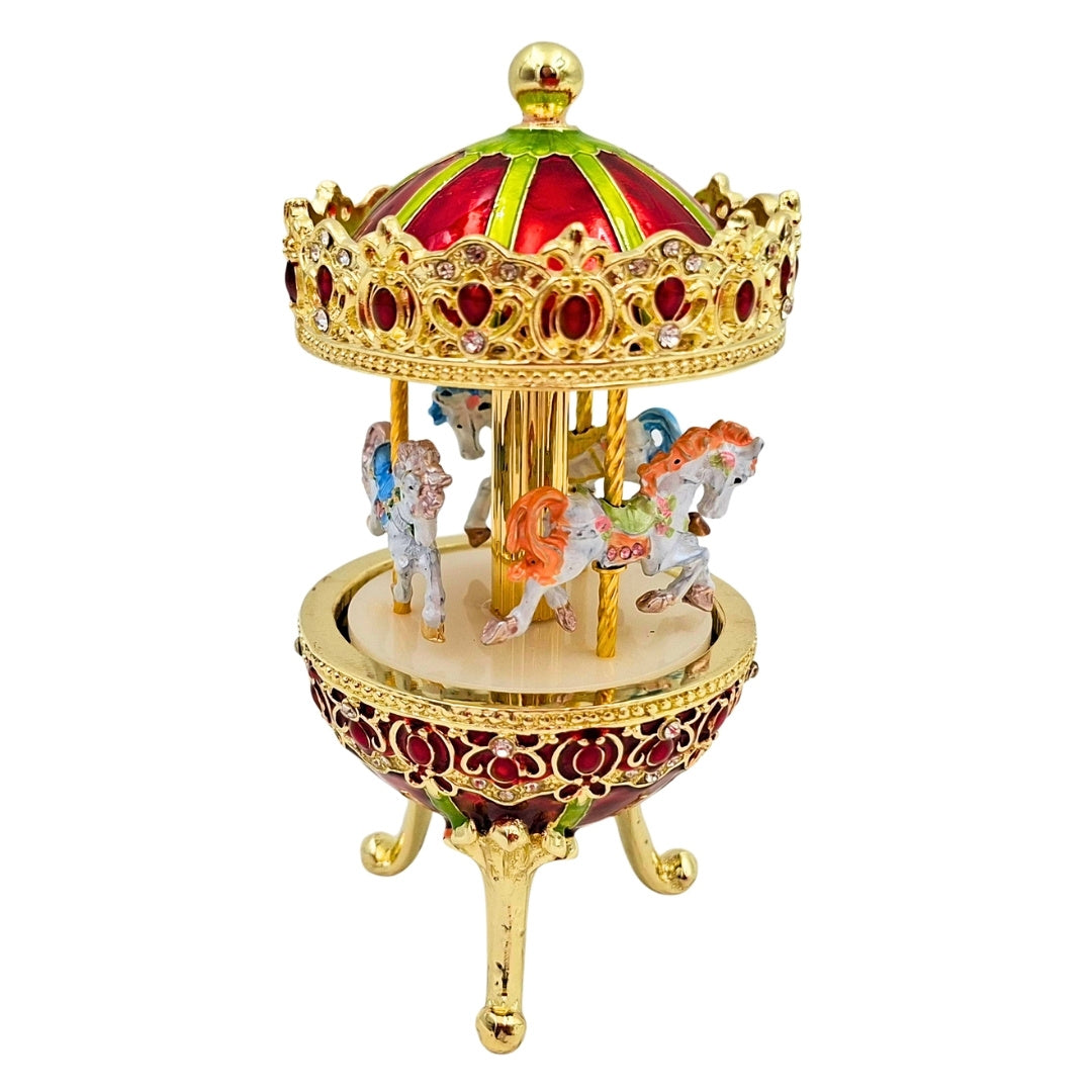 Caixa de Música Carrossel com Gravação - Decoração Elegante em Dourado e Vermelho, 14 cm