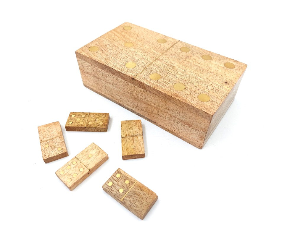 Dominó de Madeira de Manga em Caixa com Gravação - Presente Personalizado para Adultos, 28 Peças, Decorações de Latão, Dimensões da Caixa 15 x 8 x 4,5 cm