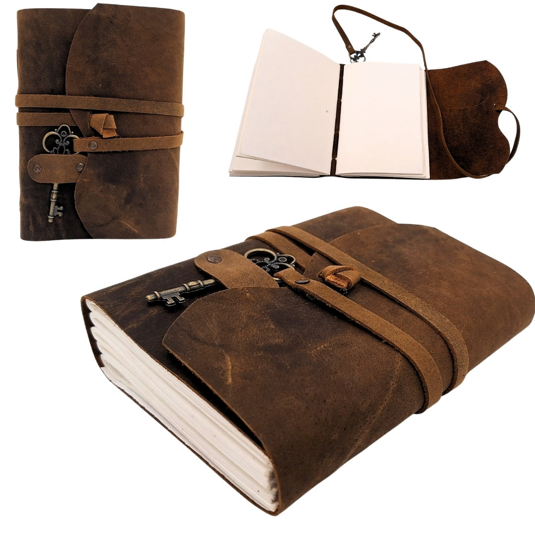 Caderno de pele retro com chave e correia 200 páginas 18 x 13 cm