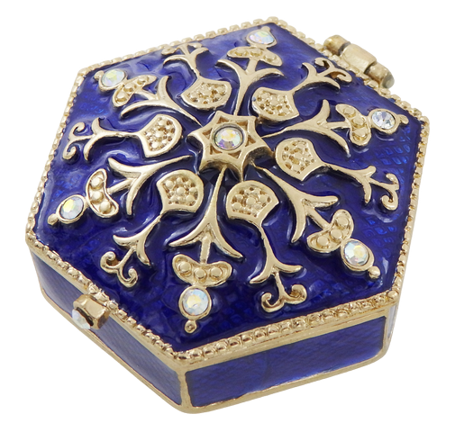 Caixa de presente elegante em metal com cristais B0035-08BL em tons azul-marinho e dourado com possibilidade de personalização por gravação