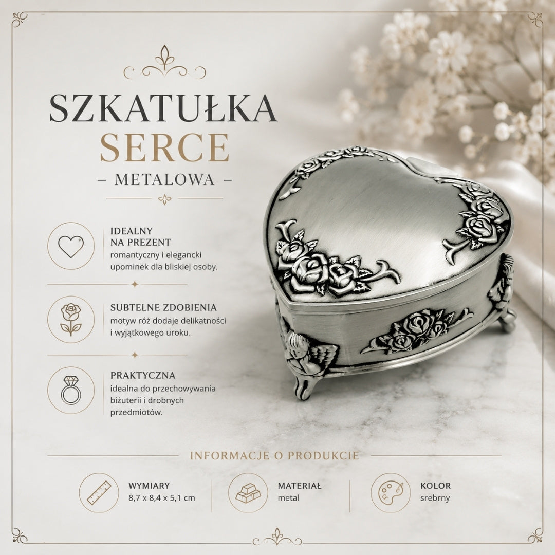 Caixa metálica em forma de coração com possibilidade de personalização por gravação – presente elegante para Dia dos Namorados, aniversário ou aniversário, decorada com motivo de rosa, dimensões 8,7 x 8,4 x 5,1 cm