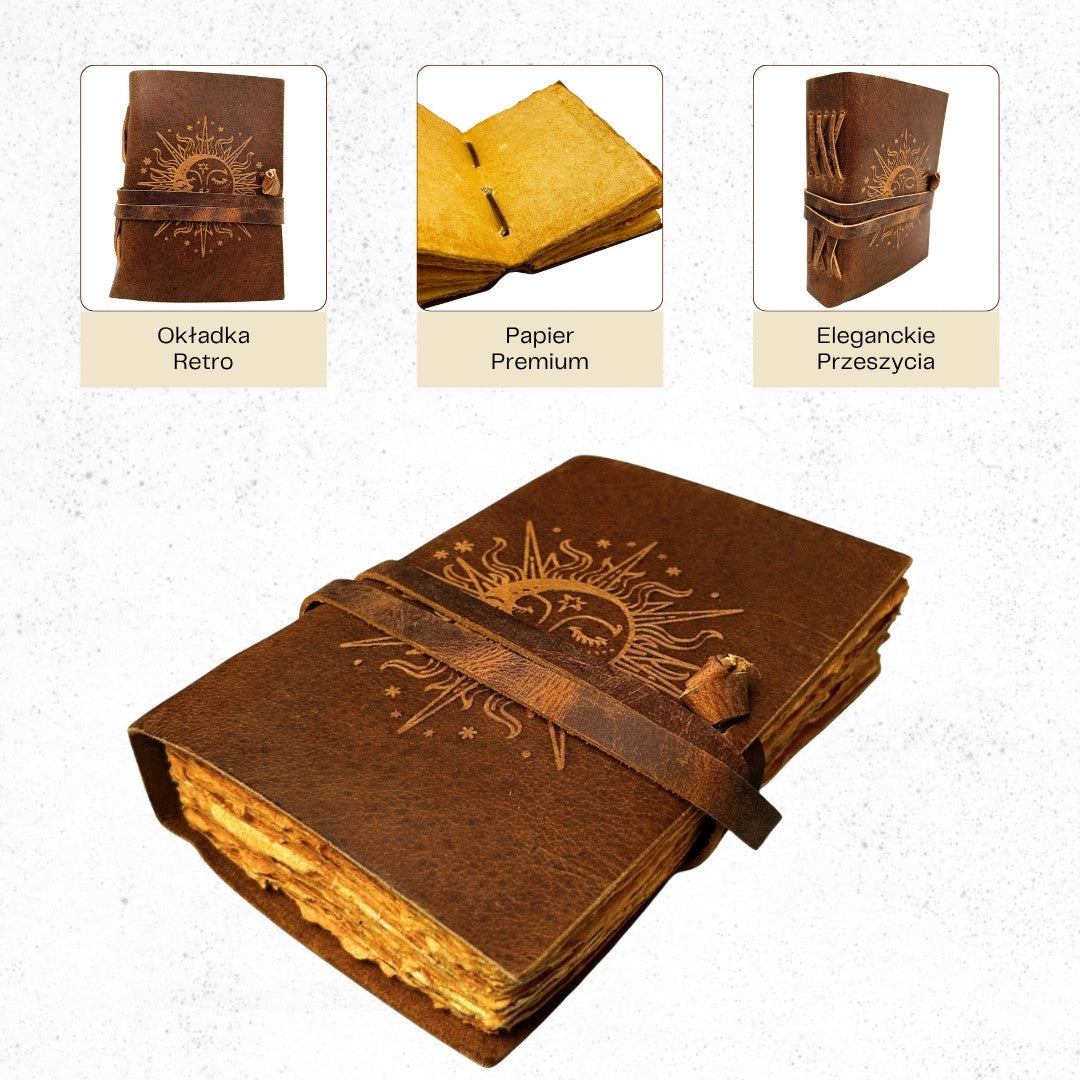 Caderno de Couro Vintage 200 páginas com Gravação - Sol e Lua - Couro Natural de Búfalo - Ideal para Presente - 18x13 cm - Diário Elegante com Papel 150 GSM