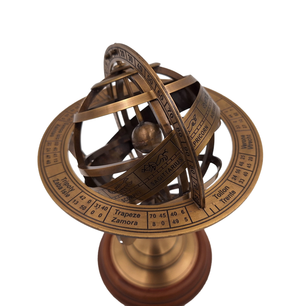 Astrolábio de latão de 21 cm com base de madeira - Presente personalizado para amantes da astronomia em cor dourada