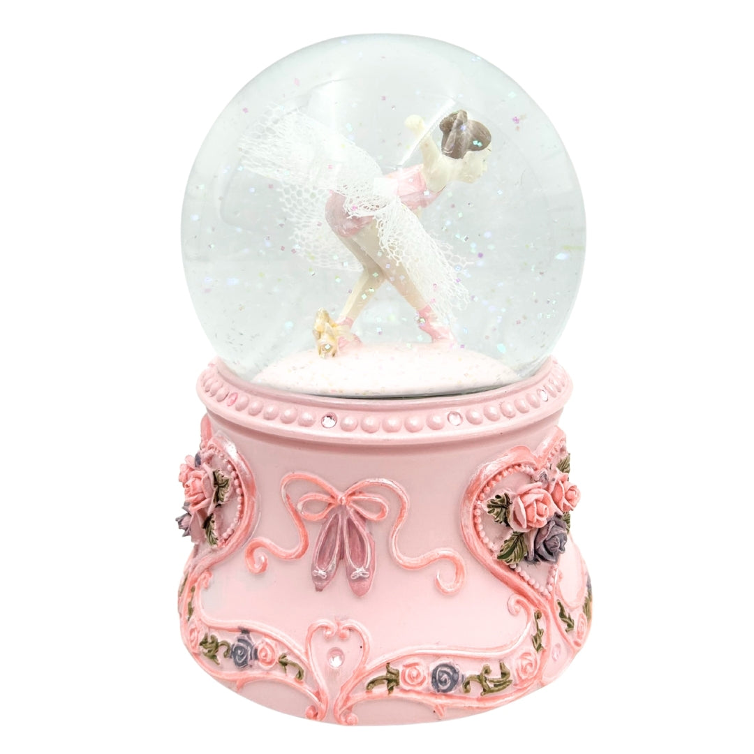 Bailarina Dançante em Bola de Vidro 15cm com Gravação Personalizada - Caixa de Música Elegante com Base Pastel e Melodia Lago dos Cisnes