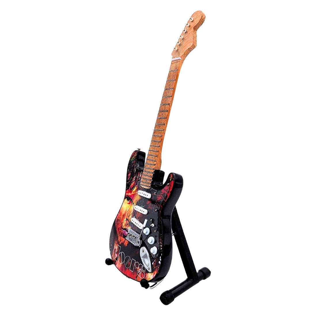 Mini Guitarra Jim Morrison The Doors - Madeira de Mogno - Gravação Personalizada - Presente Ideal para Fãs de Música - Altura 27,5 cm - Peça de Coleção Decorativa
