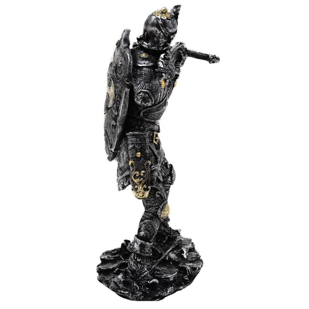 Figura de Cavaleiro Medieval com Besta 20cm com Possibilidade de Personalização por Gravação - Decoração Prateado-Dourada para Presente para Amantes de História e Fantasia - Pintada à Mão em Poliresina