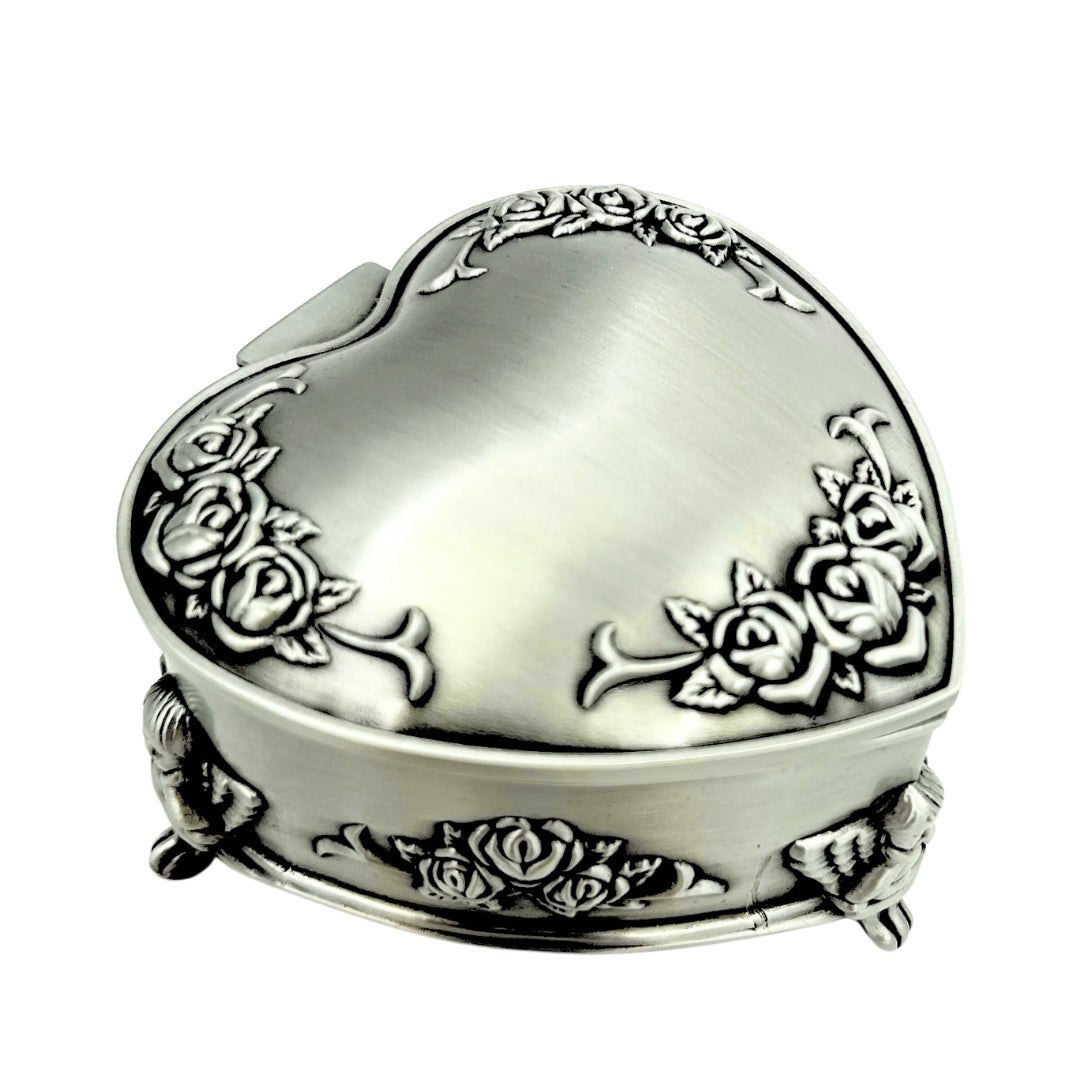 Caixa metálica em forma de coração com possibilidade de personalização por gravação – presente elegante para Dia dos Namorados, aniversário ou aniversário, decorada com motivo de rosa, dimensões 8,7 x 8,4 x 5,1 cm