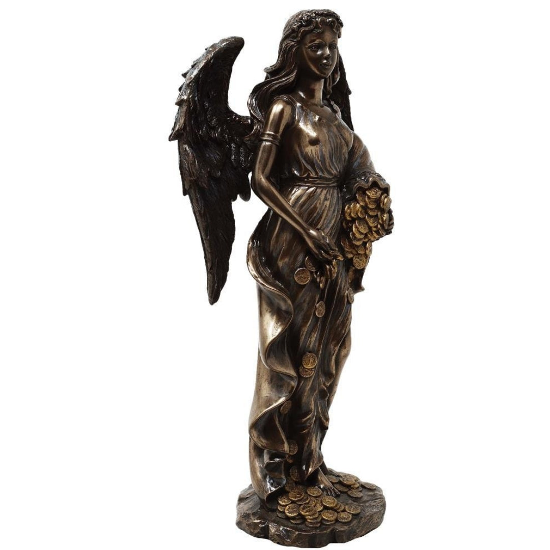 Figura Fortuna Deusa da Sorte e Riqueza 29 cm com Cornucópia - Gravação Personalizada para Presente, Decoração Elegante em Conglomerado de Resina em Tons de Castanho e Cobre