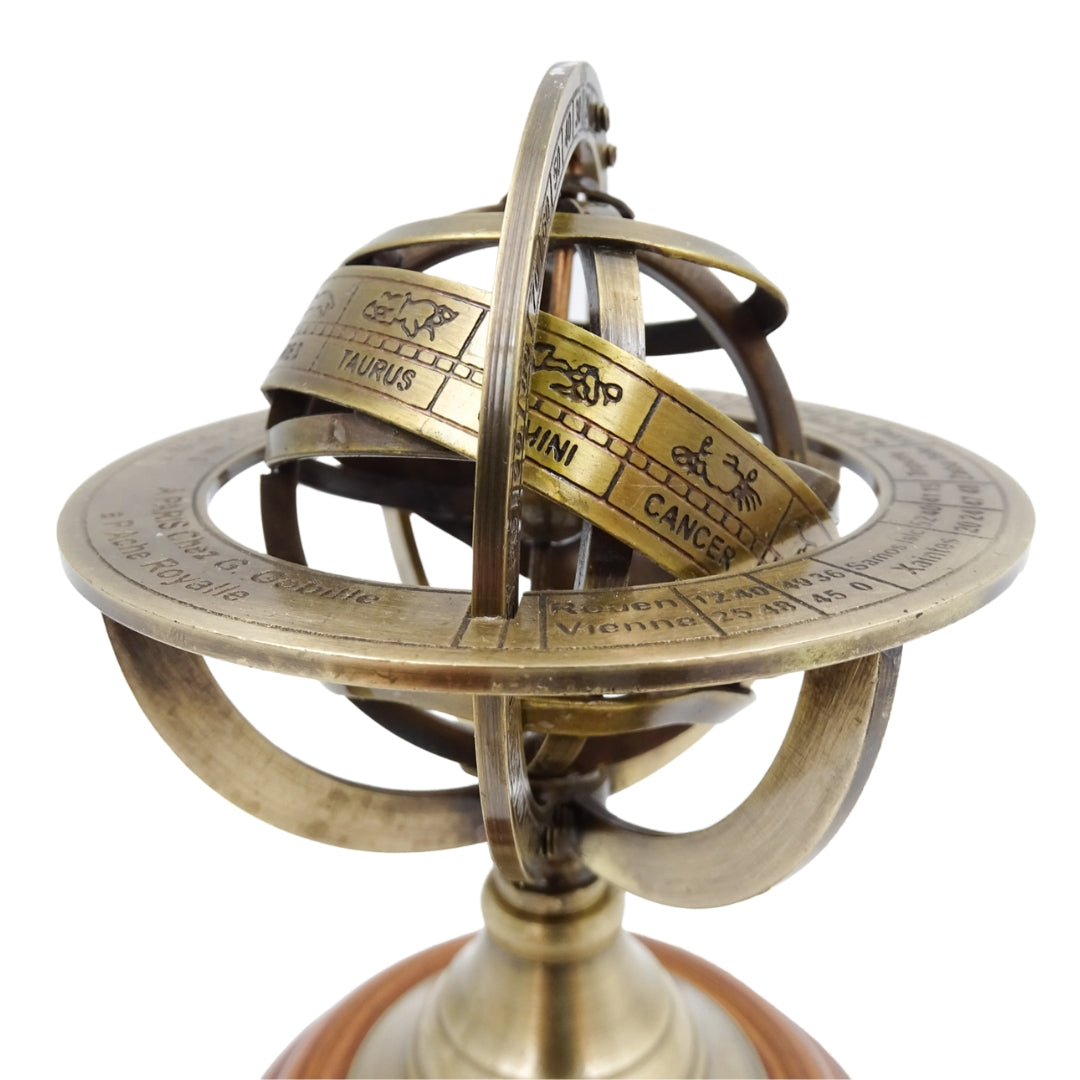Astrolábio de Latão 14 cm com Gravação - Presente Único para Amantes da Astronomia, Decoração Elegante de Latão e Madeira em Cor Dourada