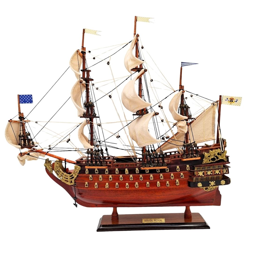 Modelo do veleiro Soleil Royal montado 46 cm - Feito à mão em madeira exótica com possibilidade de personalização por gravação