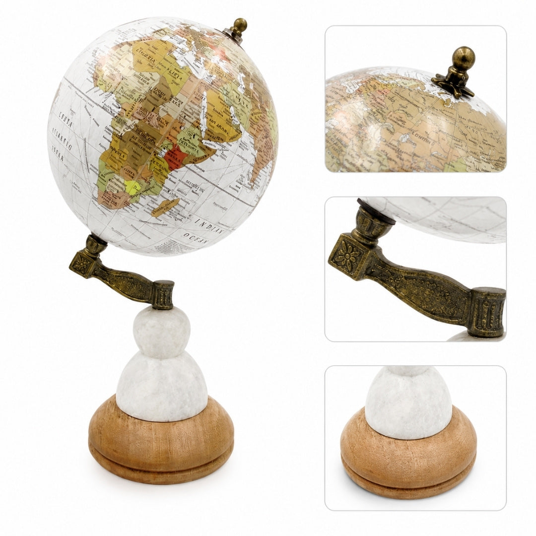 Globo Decorativo Voyager em Base de Mármore e Madeira com Opção de Personalização por Gravação – Presente Elegante para Amantes de Viagens, Altura 32 cm, Diâmetro 15,5 cm, Mapa Branco com Continentes Coloridos